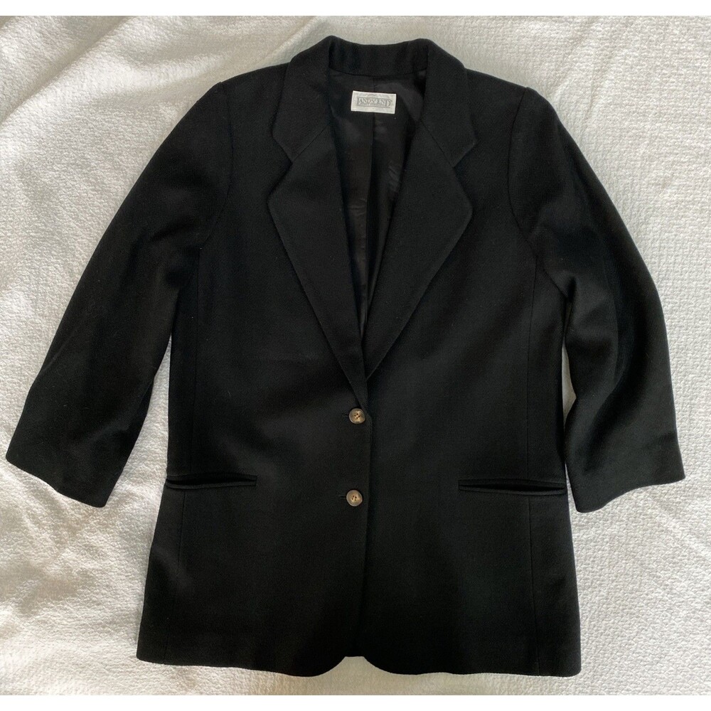 LANDS' END Black Wool Blazer Jacket Coat VTG Minimalist Dark Academia Women’s 12 - Picture 1 of 8
